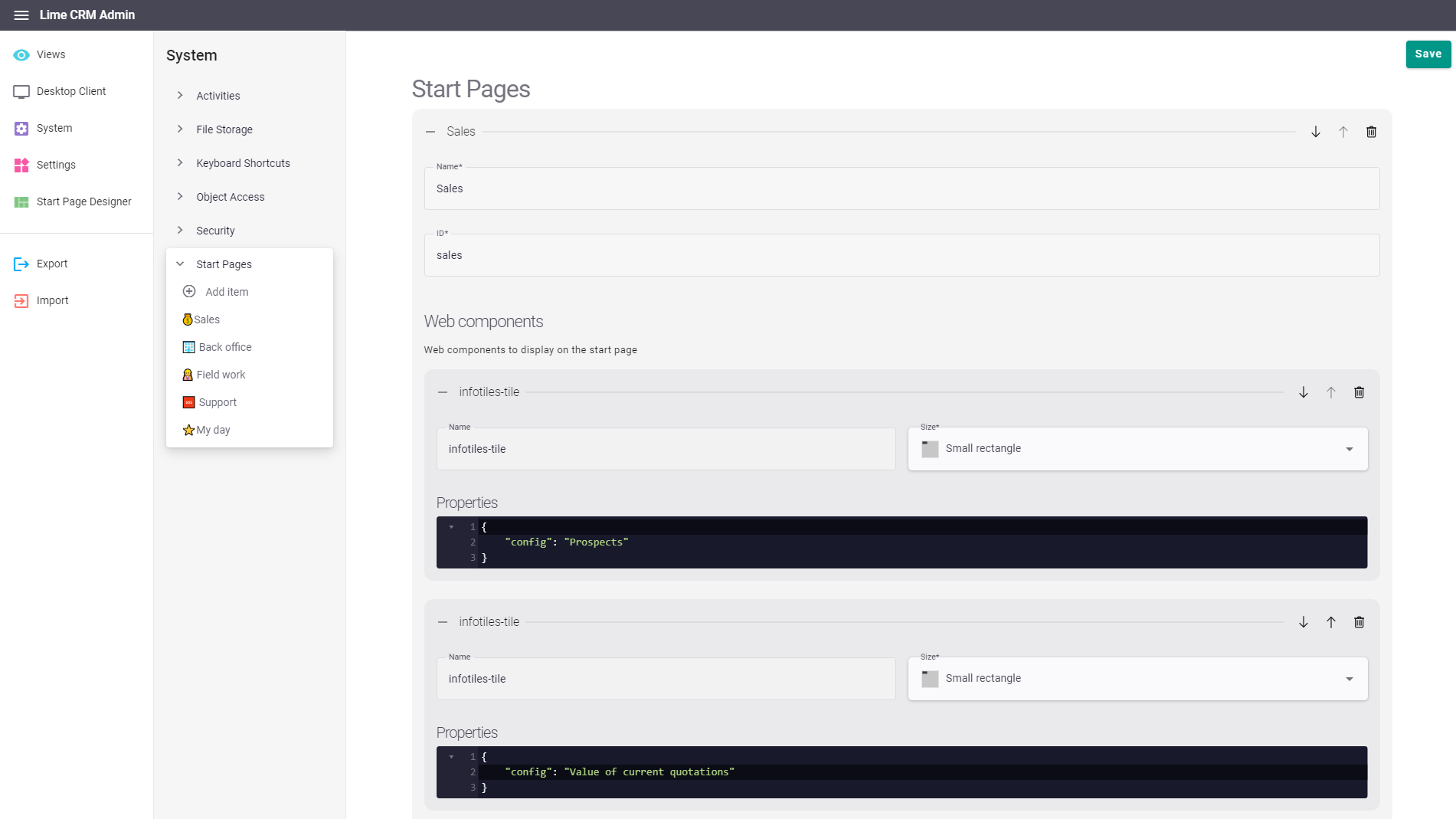 A screenshot showing Start page configuration in Lime Admin where the Info Tiles "Prospects" and "Current quotations" are added to the start page.