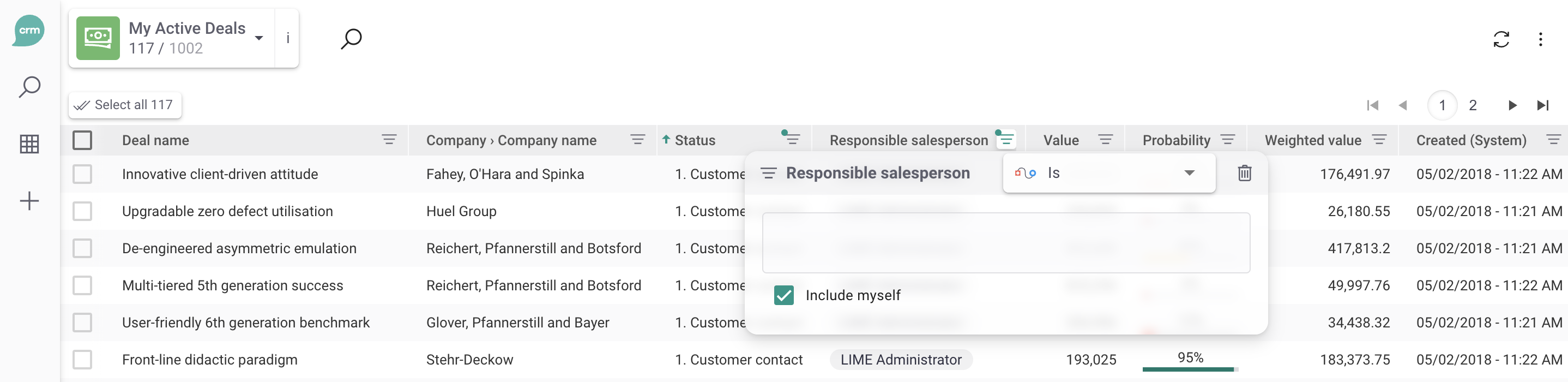 A screenshot showing the Deals table, with the column "Responsible salesperson" filtered on "Is" and with an empty relation picker, but with the checkbox for "Include myself" checked.